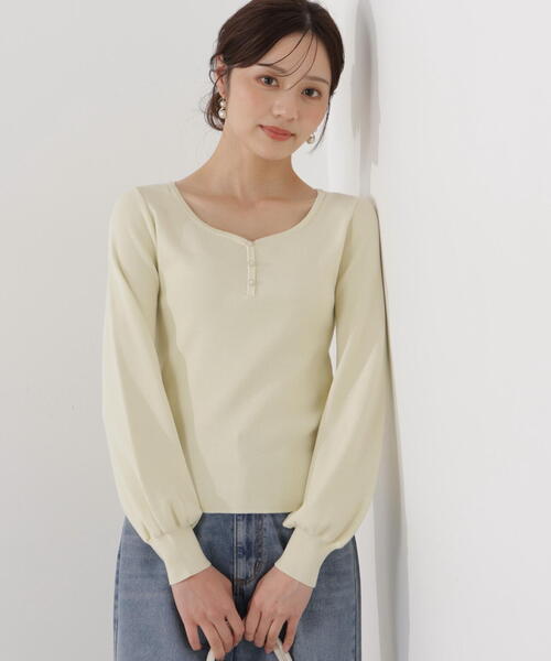 PROPORTION BODY DRESSING(プロポーションボディドレッシング)の「<ウォッシャブル/UV>釦付きハートネック総針ニット / 1216170102(ニット/セーター・レディース・イエロー/ホワイト系その他/ライトグリーン・FREE)」の1枚目の写真