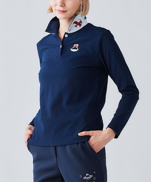 Picone CLUB(ピッコーネクラブ)の「襟裏プリントUV速乾長袖ポロシャツ(ポロシャツ・レディース・イエロー/ネイビー/ライトパープル/ホワイト・9号/11号/13号)」の2枚目の写真
