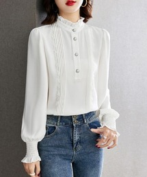 ピンタックレース×ハイネックブラウス