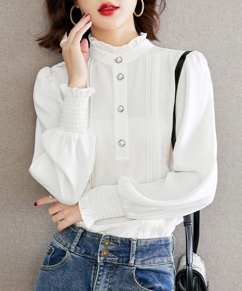 ONEP STAR（ワンピスター）の「ピンタックレース×ハイネックブラウス（シャツ/ブラウス・レディース・ホワイト・MEDIUM/LARGE/X-LARGE）」の2枚目の写真
