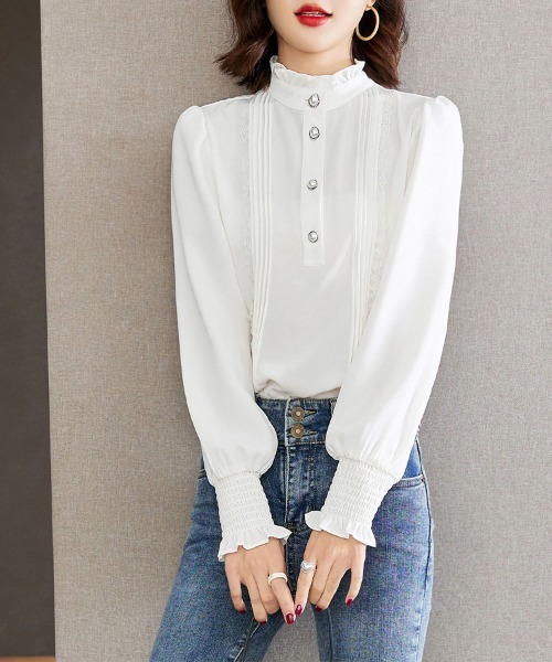 ONEP STAR（ワンピスター）の「ピンタックレース×ハイネックブラウス（シャツ/ブラウス・レディース・ホワイト・MEDIUM/LARGE/X-LARGE）」の3枚目の写真