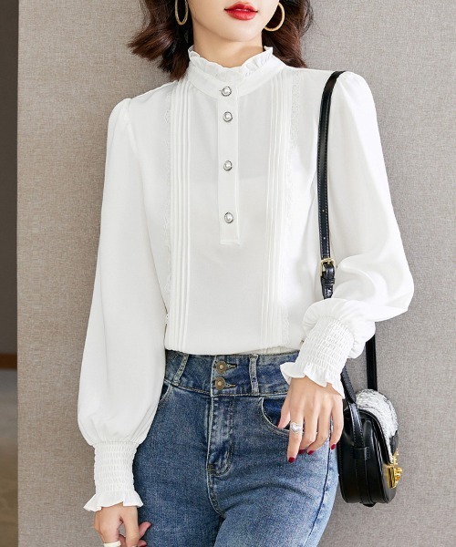 ONEP STAR（ワンピスター）の「ピンタックレース×ハイネックブラウス（シャツ/ブラウス・レディース・ホワイト・MEDIUM/LARGE/X-LARGE）」の4枚目の写真