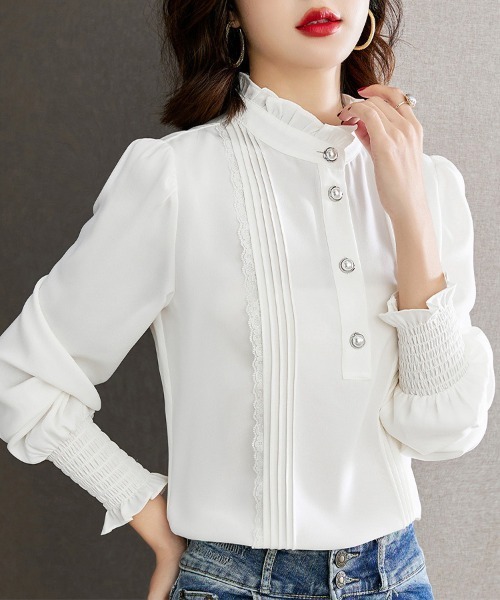 ONEP STAR（ワンピスター）の「ピンタックレース×ハイネックブラウス（シャツ/ブラウス・レディース・ホワイト・MEDIUM/LARGE/X-LARGE）」の5枚目の写真
