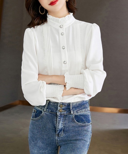 ONEP STAR（ワンピスター）の「ピンタックレース×ハイネックブラウス（シャツ/ブラウス・レディース・ホワイト・MEDIUM/LARGE/X-LARGE）」の6枚目の写真