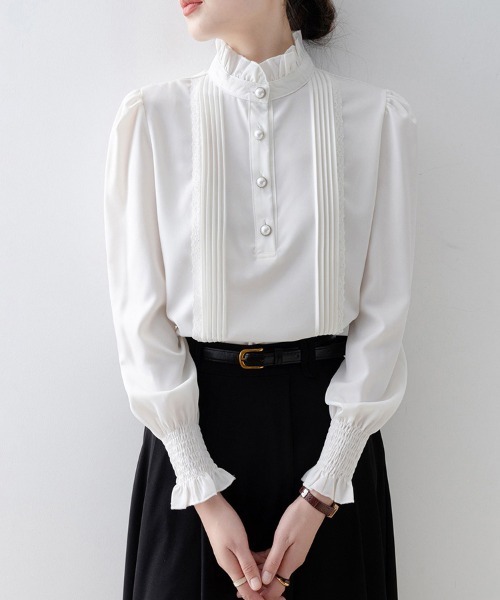ONEP STAR（ワンピスター）の「ピンタックレース×ハイネックブラウス（シャツ/ブラウス・レディース・ホワイト・MEDIUM/LARGE/X-LARGE）」の9枚目の写真