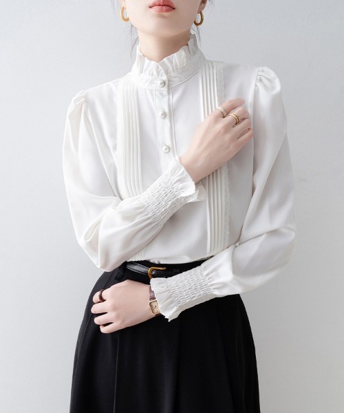ONEP STAR（ワンピスター）の「ピンタックレース×ハイネックブラウス（シャツ/ブラウス・レディース・ホワイト・MEDIUM/LARGE/X-LARGE）」の10枚目の写真