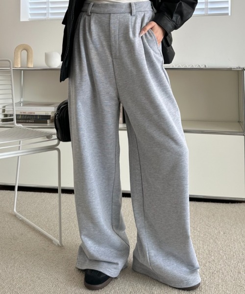 umune(ウムネ)の「ワイドパンツ スウェット タック ロング丈 ウエストゴム ルーズ ゆったり 体型カバー スポーティー ストリート ボトムス秋 冬(スウェットパンツ・レディース・アイボリー/ブラック/杢グレー・S/M)」の3枚目の写真
