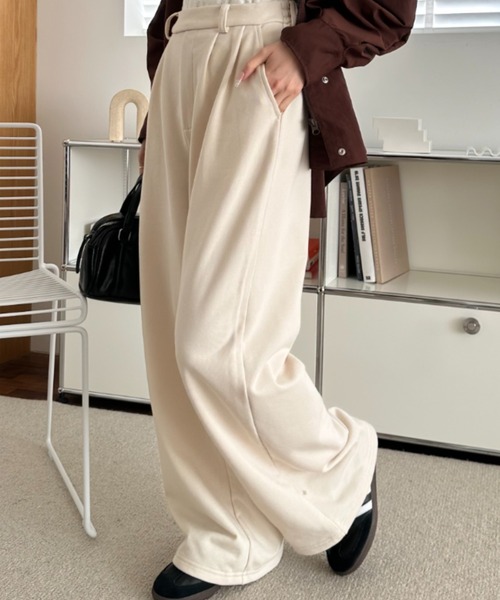 umune(ウムネ)の「ワイドパンツ スウェット タック ロング丈 ウエストゴム ルーズ ゆったり 体型カバー スポーティー ストリート ボトムス秋 冬(スウェットパンツ・レディース・アイボリー/ブラック/杢グレー・S/M)」の10枚目の写真