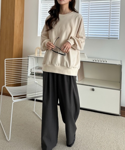 umune(ウムネ)の「ワイドパンツ スウェット タック ロング丈 ウエストゴム ルーズ ゆったり 体型カバー スポーティー ストリート ボトムス秋 冬(スウェットパンツ・レディース・アイボリー/ブラック/杢グレー・S/M)」の7枚目の写真