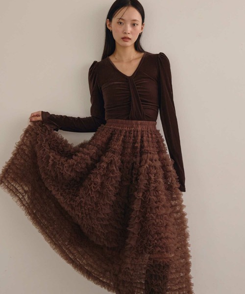 ACYM（アシーム）の「ベロアギャザートップス（Tシャツ/カットソー・レディース・アイボリー/ブラウン・FREE）」の9枚目の写真