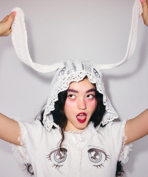 Candy Stripper(キャンディストリッパー)の「LACY BUNNY ボンネット(ニットキャップ/ビーニー・レディース・ブラック/オフホワイト・FREE)」の8枚目の写真
