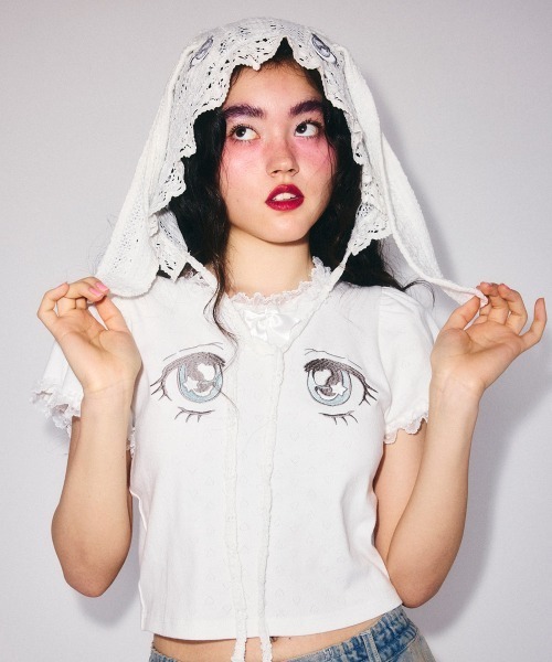 Candy Stripper(キャンディストリッパー)の「LACY BUNNY ボンネット(ニットキャップ/ビーニー・レディース・ブラック/オフホワイト・FREE)」の3枚目の写真