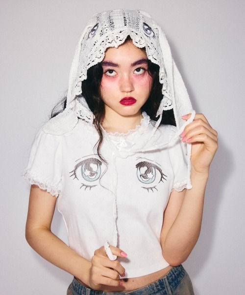 Candy Stripper(キャンディストリッパー)の「LACY BUNNY ボンネット(ニットキャップ/ビーニー・レディース・ブラック/オフホワイト・FREE)」の4枚目の写真