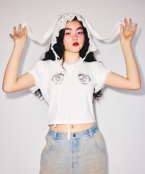 Candy Stripper(キャンディストリッパー)の「LACY BUNNY ボンネット(ニットキャップ/ビーニー・レディース・ブラック/オフホワイト・FREE)」の6枚目の写真
