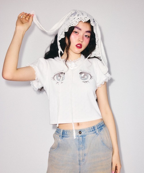Candy Stripper(キャンディストリッパー)の「LACY BUNNY ボンネット(ニットキャップ/ビーニー・レディース・ブラック/オフホワイト・FREE)」の7枚目の写真