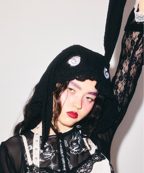 Candy Stripper(キャンディストリッパー)の「LACY BUNNY ボンネット(ニットキャップ/ビーニー・レディース・ブラック/オフホワイト・FREE)」の18枚目の写真