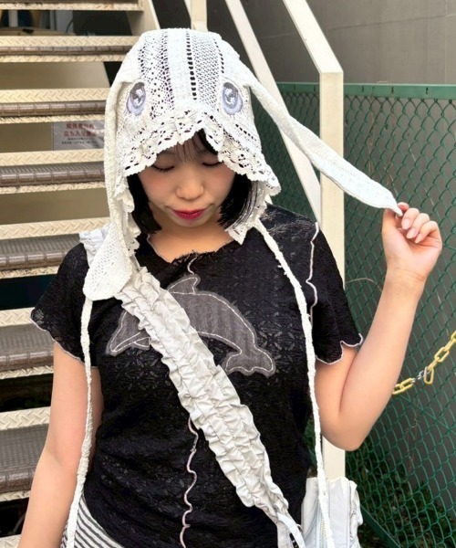 Candy Stripper(キャンディストリッパー)の「LACY BUNNY ボンネット(ニットキャップ/ビーニー・レディース・ブラック/オフホワイト・FREE)」の12枚目の写真