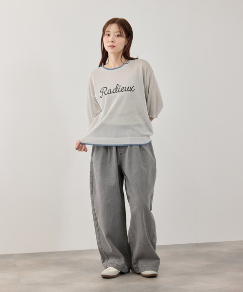 NAVY(ネイビー)の「【SARARI /サラリ】ロゴプリント 配色ライン シアーニットプルオーバー(ニット/セーター・レディース・グレイッシュベージュ/グレー/ホワイト・L/M)」の6枚目の写真