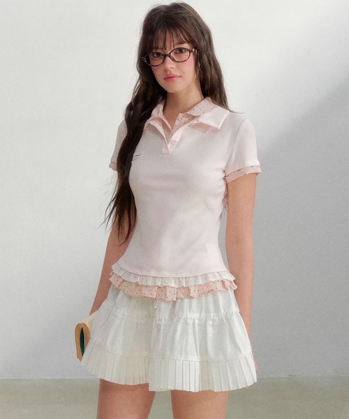 SunsetPark(サンセットパーク)の「ポロシャツ パンチングレース フェイクレイヤードトップス SP26s008【SunsetPark】【2026SS】(ポロシャツ・レディース・グレー/ネイビー/ピンク・M/S)」の3枚目の写真