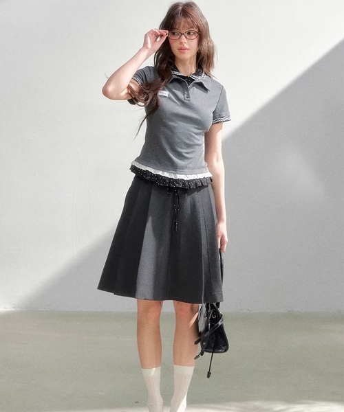 SunsetPark(サンセットパーク)の「ポロシャツ パンチングレース フェイクレイヤードトップス SP26s008【SunsetPark】【2026SS】(ポロシャツ・レディース・グレー/ネイビー/ピンク・M/S)」の8枚目の写真