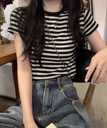 ボーダー Tシャツ 半袖 韓国 赤 黒 スリムフィット ボーダーT
