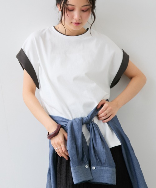VIS(ビス)の「【WEB限定】天竺袖配色Tシャツ(Tシャツ/カットソー・レディース・ブラック/オフホワイト/ライトグレー・FREE)」の2枚目の写真