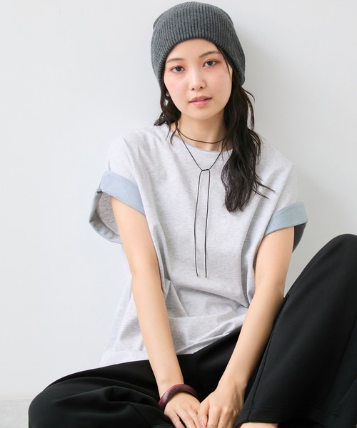 VIS(ビス)の「【WEB限定】天竺袖配色Tシャツ(Tシャツ/カットソー・レディース・ブラック/オフホワイト/ライトグレー・FREE)」の3枚目の写真