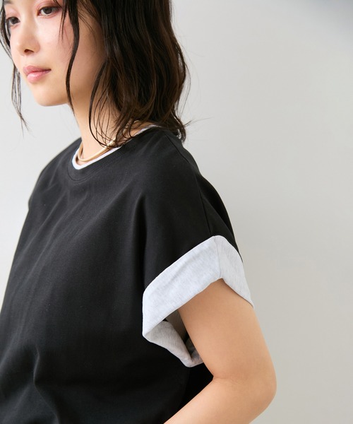 VIS(ビス)の「【WEB限定】天竺袖配色Tシャツ(Tシャツ/カットソー・レディース・ブラック/オフホワイト/ライトグレー・FREE)」の1枚目の写真