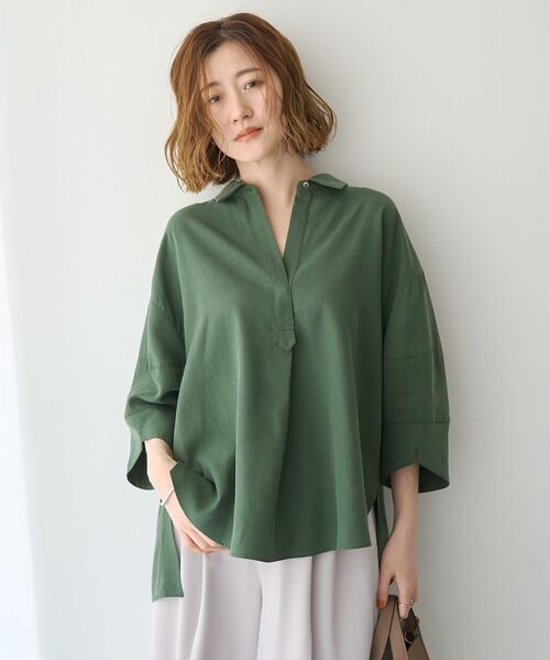 Editt by YECCA VECCA(エディットバイイェッカヴェッカ)の「バルーン袖スキッパーシャツ(シャツ/ブラウス・レディース・ストライプ/ダークカーキ/ピンク/アイボリー・FREE)」の2枚目の写真