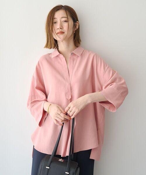 Editt by YECCA VECCA(エディットバイイェッカヴェッカ)の「バルーン袖スキッパーシャツ(シャツ/ブラウス・レディース・ストライプ/ダークカーキ/ピンク/アイボリー・FREE)」の3枚目の写真