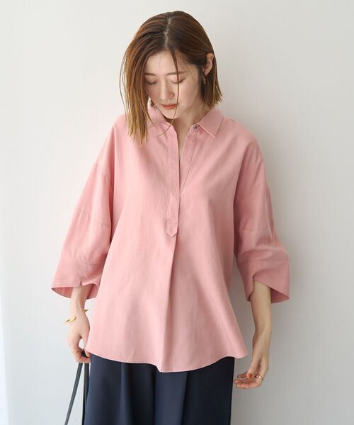 Editt by YECCA VECCA(エディットバイイェッカヴェッカ)の「バルーン袖スキッパーシャツ(シャツ/ブラウス・レディース・ストライプ/ダークカーキ/ピンク/アイボリー・FREE)」の5枚目の写真
