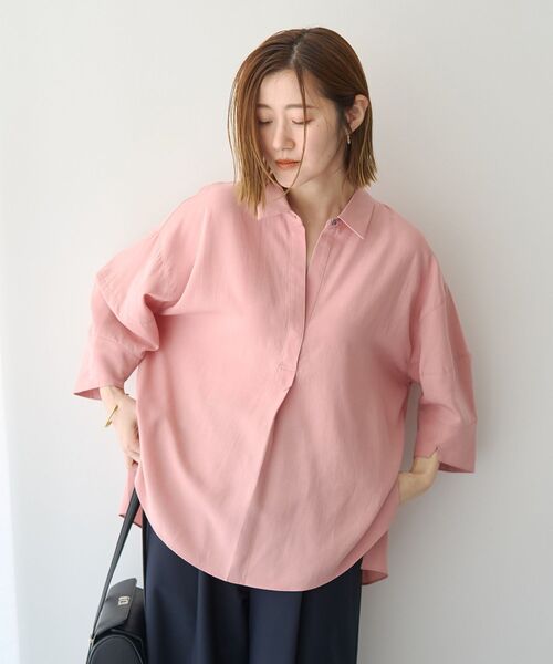 Editt by YECCA VECCA(エディットバイイェッカヴェッカ)の「バルーン袖スキッパーシャツ(シャツ/ブラウス・レディース・ストライプ/ダークカーキ/ピンク/アイボリー・FREE)」の6枚目の写真