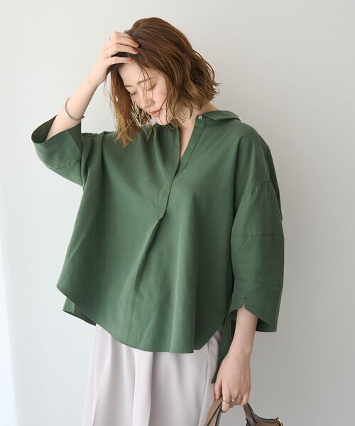 Editt by YECCA VECCA(エディットバイイェッカヴェッカ)の「バルーン袖スキッパーシャツ(シャツ/ブラウス・レディース・ストライプ/ダークカーキ/ピンク/アイボリー・FREE)」の18枚目の写真