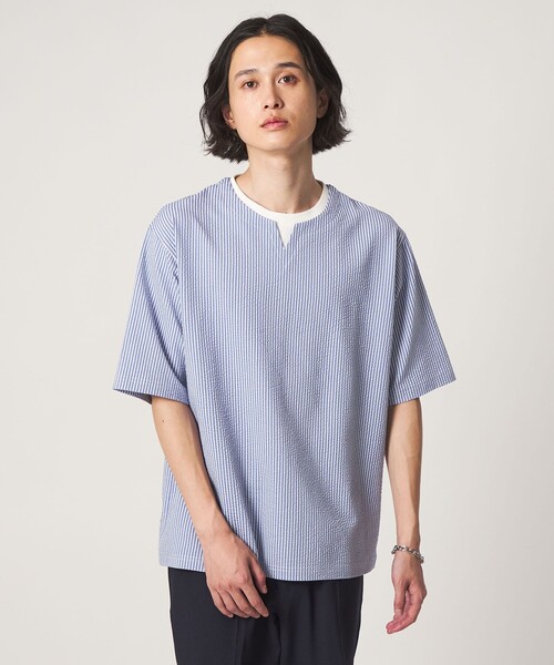 A DAY IN THE LIFE UNITED ARROWS(アデイインザライフユナイテッドアローズ)の「シルケット サッカー フェイクレイヤード キーネックカットソー-吸水速乾-<A DAY IN THE LIFE>(Tシャツ/カットソー・メンズ・ライトグレー/その他1/ネイビー・M/XL/L)」の3枚目の写真