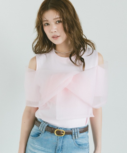 VANNIE U（ヴァニーユー）の「ビックシフォンリボンオフショルT（Tシャツ/カットソー・レディース・ブラック/ホワイト/ピンク・FREE）」の15枚目の写真