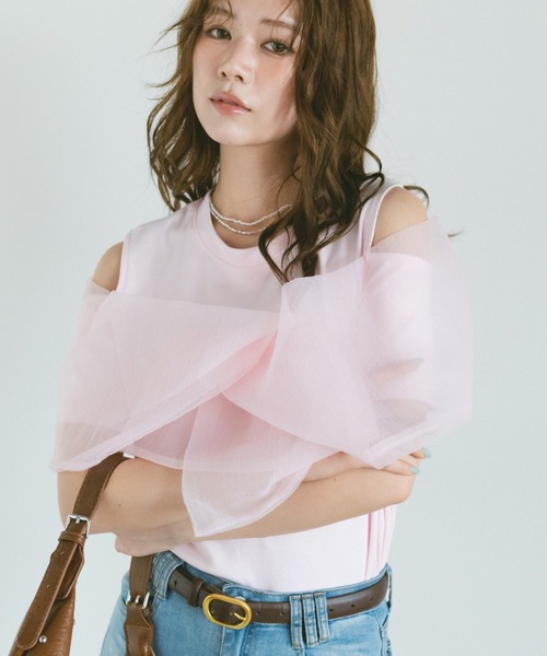 VANNIE U（ヴァニーユー）の「ビックシフォンリボンオフショルT（Tシャツ/カットソー・レディース・ブラック/ホワイト/ピンク・FREE）」の16枚目の写真