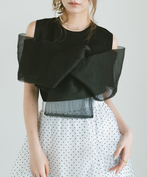 VANNIE U（ヴァニーユー）の「ビックシフォンリボンオフショルT（Tシャツ/カットソー・レディース・ブラック/ホワイト/ピンク・FREE）」の5枚目の写真