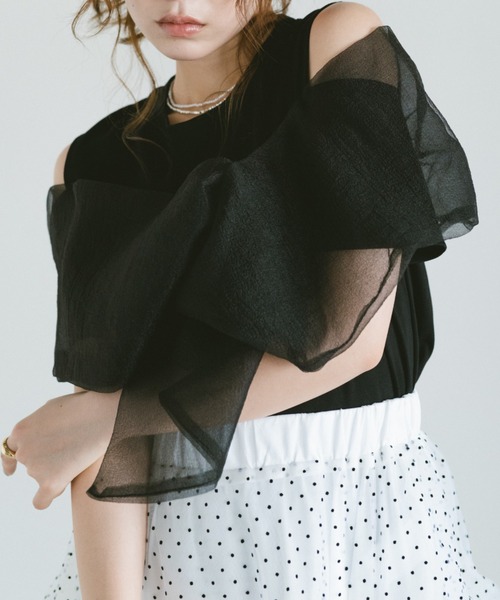 VANNIE U（ヴァニーユー）の「ビックシフォンリボンオフショルT（Tシャツ/カットソー・レディース・ブラック/ホワイト/ピンク・FREE）」の8枚目の写真