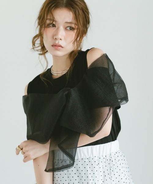 VANNIE U（ヴァニーユー）の「ビックシフォンリボンオフショルT（Tシャツ/カットソー・レディース・ブラック/ホワイト/ピンク・FREE）」の6枚目の写真
