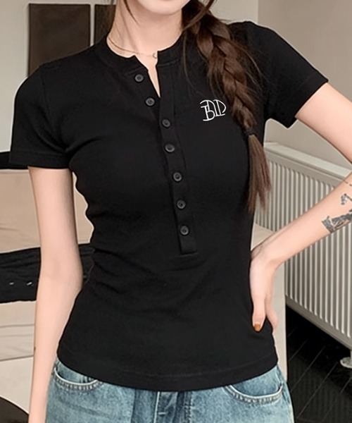 Teem Store(チームストア)の「韓国風 ヘンリーネック コンパクトT(Tシャツ/カットソー・レディース・ブラック・M/S)」の1枚目の写真