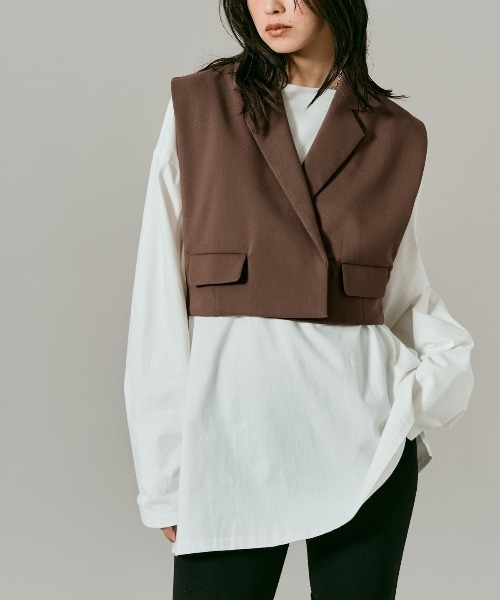 W:Huku（フーク）の「【W:Huku / クラシカルツイルシリーズ】ダブル ショート ベスト/ Classic Twill Double-breasted Short Vest（ベスト・レディース・ブラウン/ブラック/ベージュ/チャコール・FREE）」の14枚目の写真