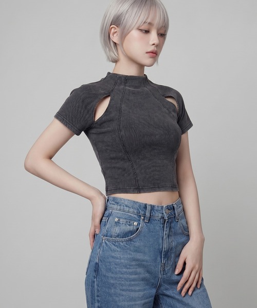DURAS(デュラス)の「カットアウトクロップドTシャツ(Tシャツ/カットソー・レディース・グレー/ホワイト/ブラック・FREE)」の8枚目の写真