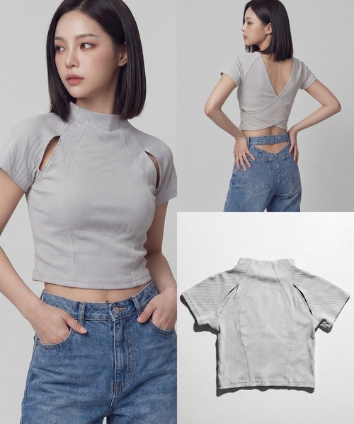 DURAS(デュラス)の「カットアウトクロップドTシャツ(Tシャツ/カットソー・レディース・グレー/ホワイト/ブラック・FREE)」の18枚目の写真