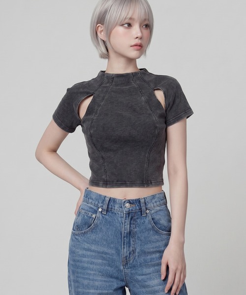 DURAS(デュラス)の「カットアウトクロップドTシャツ(Tシャツ/カットソー・レディース・グレー/ホワイト/ブラック・FREE)」の21枚目の写真