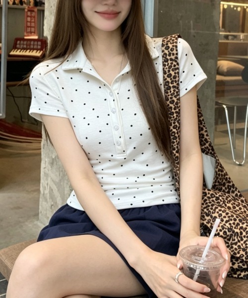 GEMEDA(ジェメダ)の「【韓国ガーリー】ミニドットポロカラーリブトップス / コンパクト半袖カットソー(Tシャツ/カットソー・レディース・ホワイト/グレー/ピンク・M)」の4枚目の写真