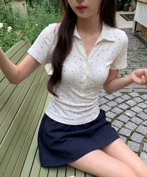 GEMEDA(ジェメダ)の「【韓国ガーリー】ミニドットポロカラーリブトップス / コンパクト半袖カットソー(Tシャツ/カットソー・レディース・ホワイト/グレー/ピンク・M)」の5枚目の写真