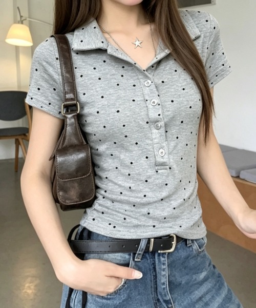 GEMEDA(ジェメダ)の「【韓国ガーリー】ミニドットポロカラーリブトップス / コンパクト半袖カットソー(Tシャツ/カットソー・レディース・ホワイト/グレー/ピンク・M)」の6枚目の写真