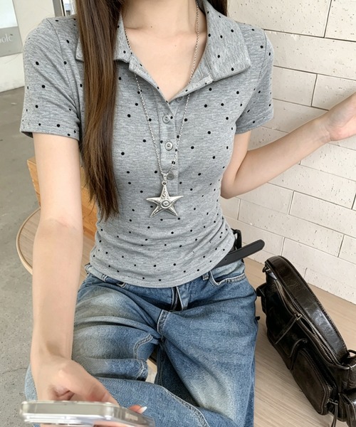 GEMEDA(ジェメダ)の「【韓国ガーリー】ミニドットポロカラーリブトップス / コンパクト半袖カットソー(Tシャツ/カットソー・レディース・ホワイト/グレー/ピンク・M)」の7枚目の写真