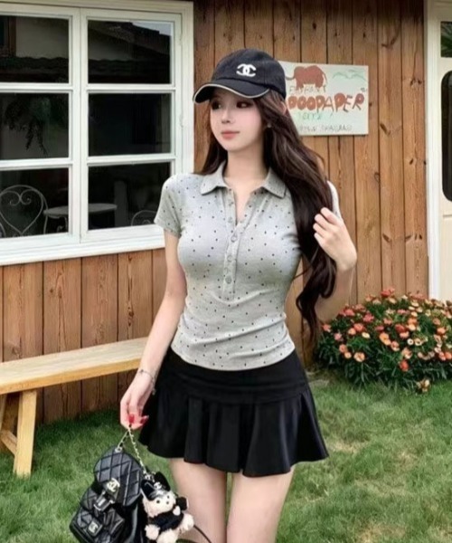 GEMEDA(ジェメダ)の「【韓国ガーリー】ミニドットポロカラーリブトップス / コンパクト半袖カットソー(Tシャツ/カットソー・レディース・ホワイト/グレー/ピンク・M)」の8枚目の写真