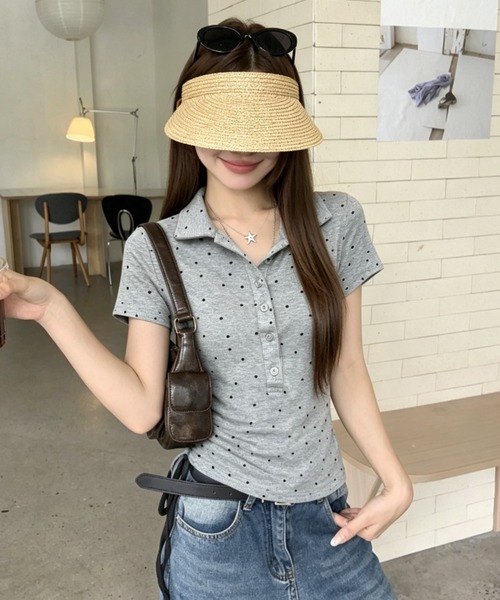 GEMEDA(ジェメダ)の「【韓国ガーリー】ミニドットポロカラーリブトップス / コンパクト半袖カットソー(Tシャツ/カットソー・レディース・ホワイト/グレー/ピンク・M)」の13枚目の写真